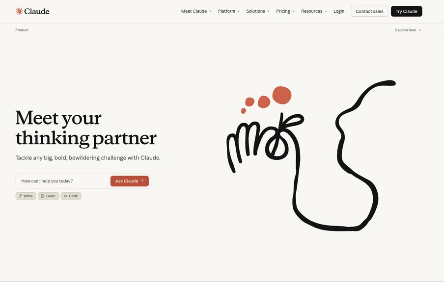 Screenshot der Claude-Website: Linke Texte; rechts abstrakte schwarze Handzeichnung mit orange Kreisen.