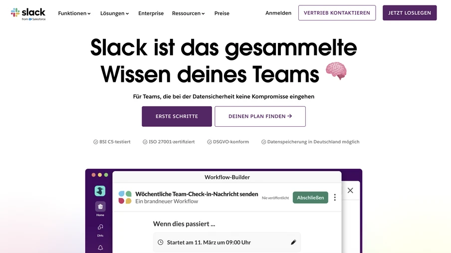 Slack-Startseite: Logo oben links, Überschrift 'Slack ist das gesammelte Wissen deines Teams' und Buttons.