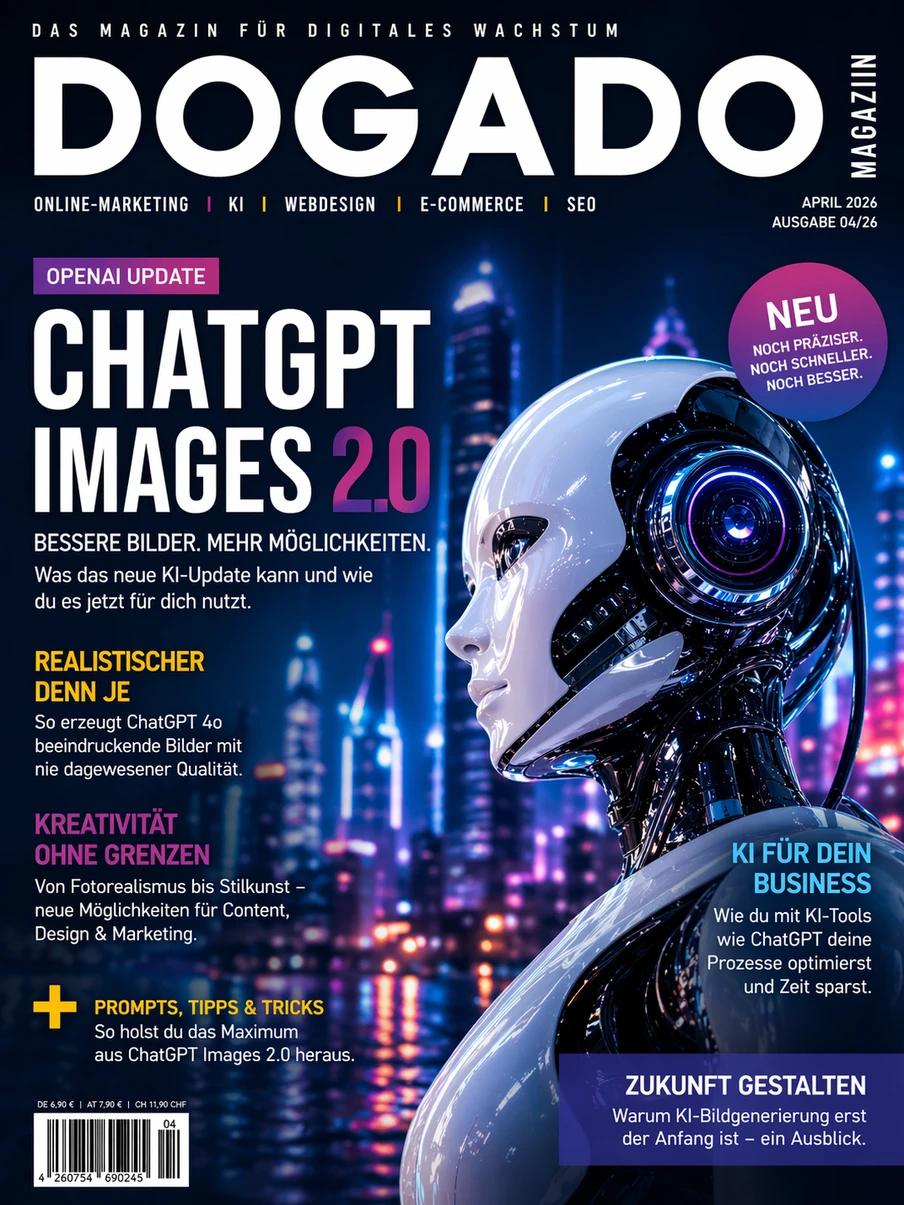 Magazin-Cover DOGADO: dunkler Hintergrund, rechts ein glänzender silberblauer Roboterkopf; weiße Überschriften.