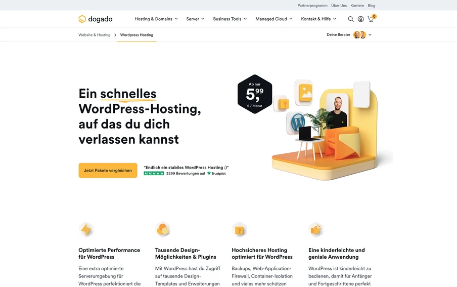 Helle Webseite mit linkem Textblock ueber WordPress-Hosting; rechts Illustration eines Mannes am Laptop auf gelber Plattform.