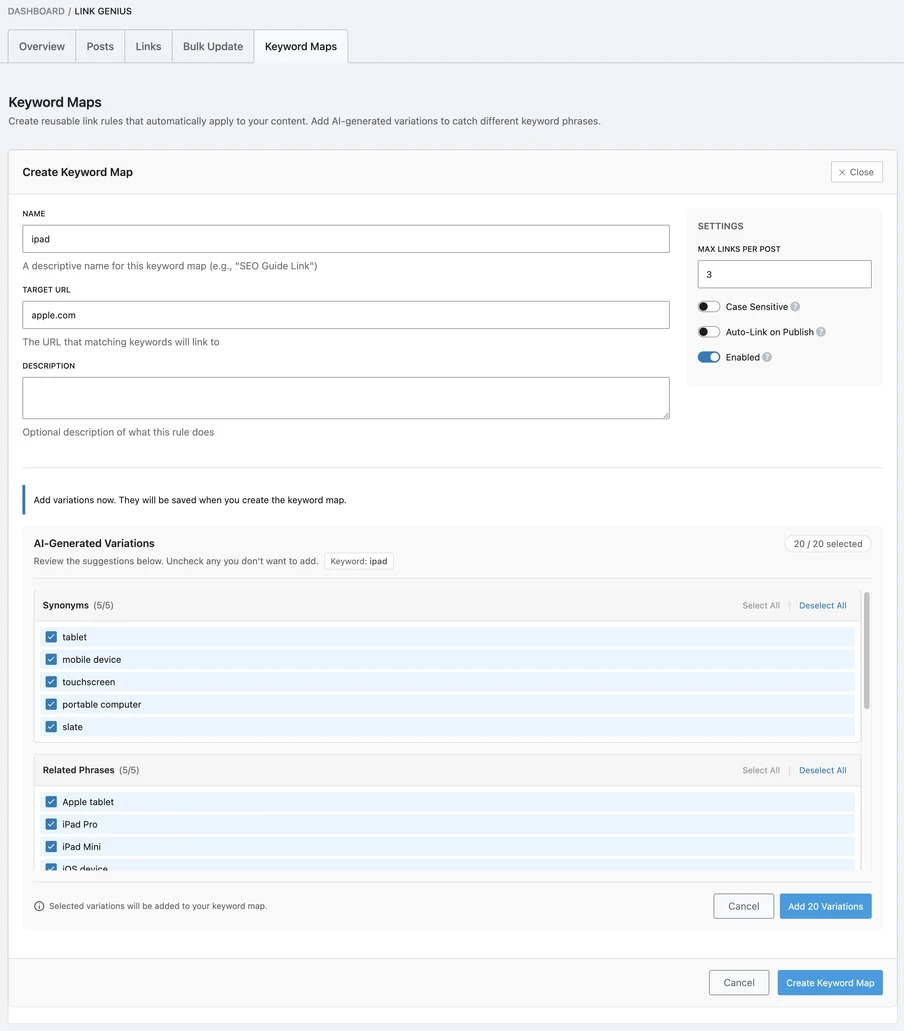 Screenshot einer Web-App zur Keyword-Map-Erstellung: Felder Name, Ziel-URL, Beschreibung; Variationen- und Trefferlisten.