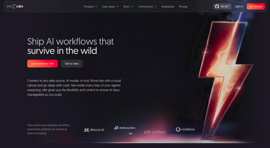 Dunkles Web-Hero mit Blitz-Icon rechts; Titel 'Ship AI workflows that survive in the wild', roter und grauer Button.