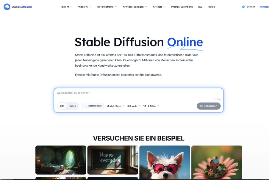 Weiße Webseite mit Logo links, Überschrift Stable Diffusion Online, Suchfeld, darunter Beispiel-Bilder in Reihe.