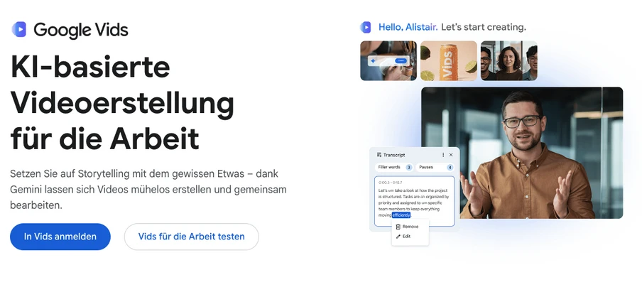 Split-Layout: linker Text KI-basierte Videoerstellung für Arbeit und zwei Buttons, rechts ein Mann mit Brille vor Video-UI