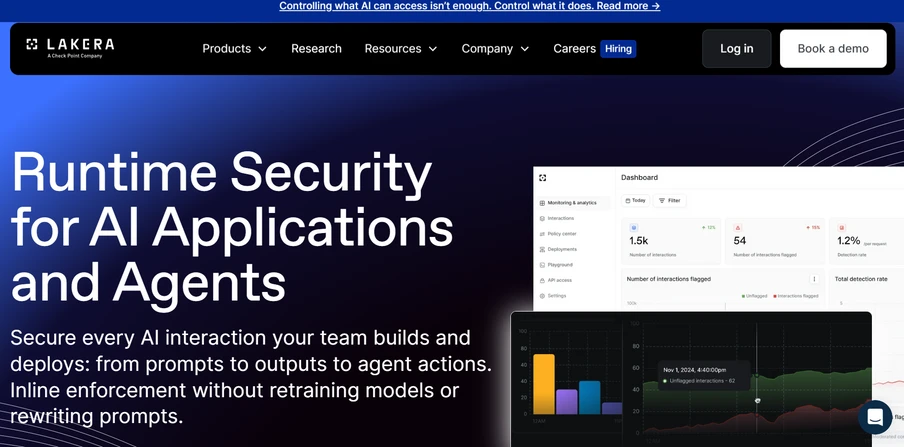 Obere Navigationsleiste mit LAKERA-Logo; Überschrift Runtime Security for AI Applications and Agents.