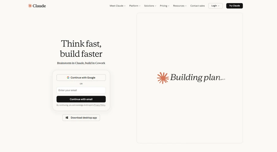 Zwei Panels: links Anmeldeformular mit Think fast, build faster; rechts orange Stern-Logo und Building plan...