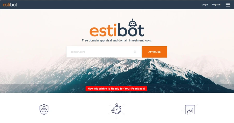 Screenshot einer estibot-Webseite: Logo, Suchfeld mit orangefarbenem Button, Berglandschaft über Wasser; drei Icons unten.