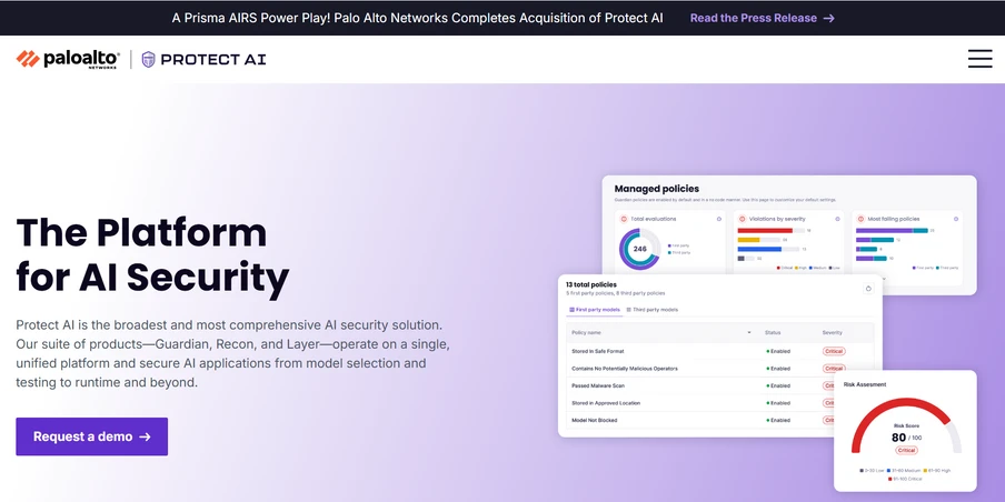 Webseite mit Überschrift 'The Platform for AI Security', Button 'Request a demo', linke Textspalte, rechte Diagramm-Widgets.