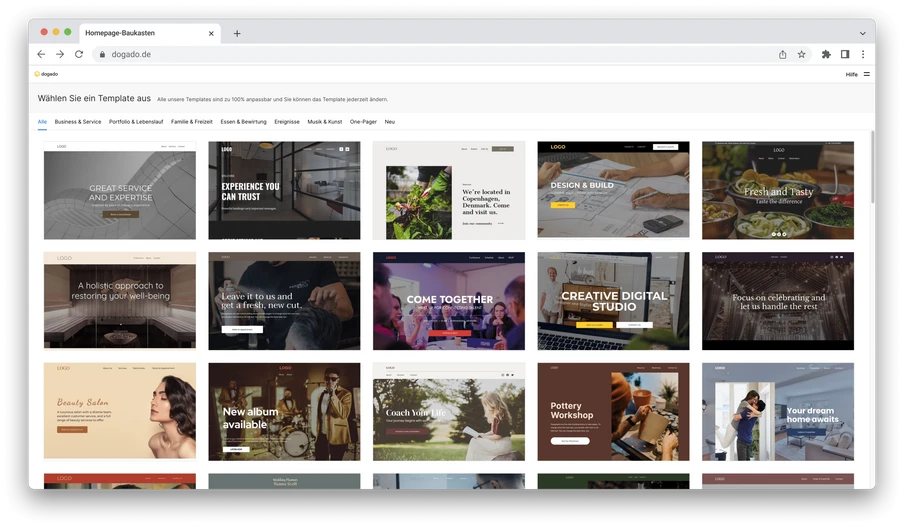 Laptop-Bildschirm mit Browserfenster, Raster aus Vorlagen-Kacheln.