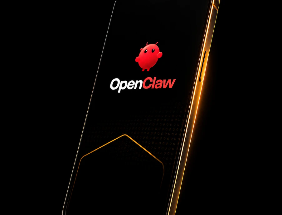 Smartphone zeigt auf dunklem Bildschirm das OpenClaw-Logo mit rotem Oktopus-Symbol.