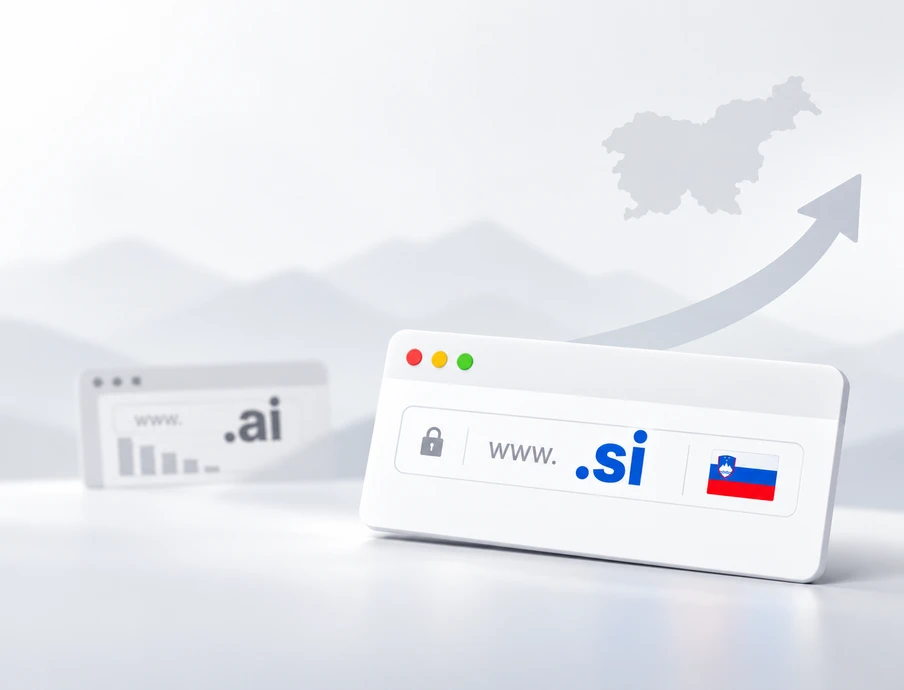 Zwei weiße Browserfenster auf weißem Tisch; Vordergrund: www.si mit Slowenien-Flagge, Pfeil nach oben rechts.