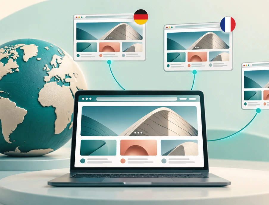 Globus links, Laptop im Vordergrund; drei vernetzte Browserfenster mit Flaggen (Deutschland, Frankreich, Japan).