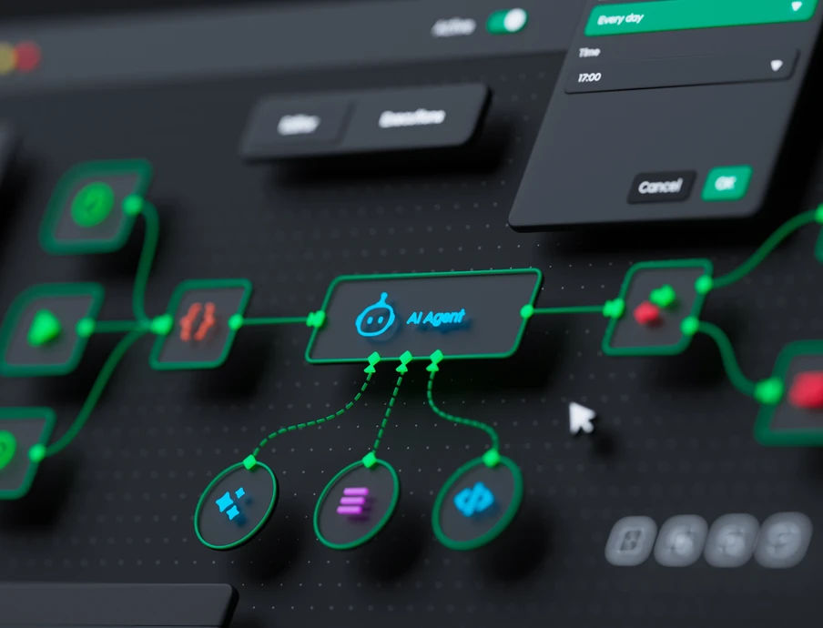 Dunkles UI-Dashboard mit grün leuchtenden Verknüpfungen, zentraler blauer Block und vernetzten runden Symbolen.