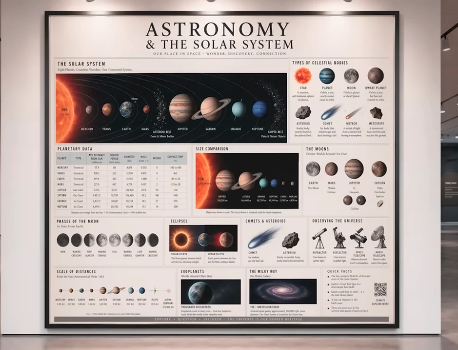 Großes Poster mit Diagrammen des Sonnensystems, Planetenbildern und Überschrift 'Astronomy & The Solar System'.