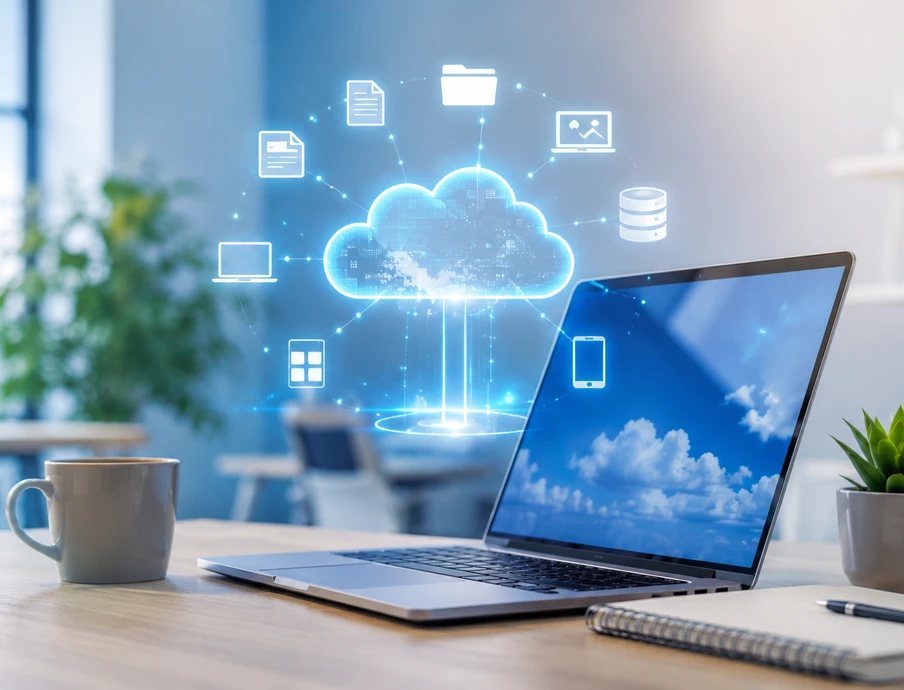 Laptop auf Schreibtisch mit Wolken-Icons, daneben Kaffeetasse, Notizbuch und Pflanze; Fenster im Hintergrund.