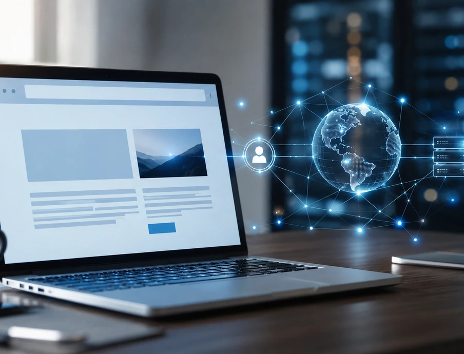 Offenes Laptop-Setup auf Holztisch, Tasse und Smartphone daneben; holographischer Globus und Netzwerk-Icons im Hintergrund.