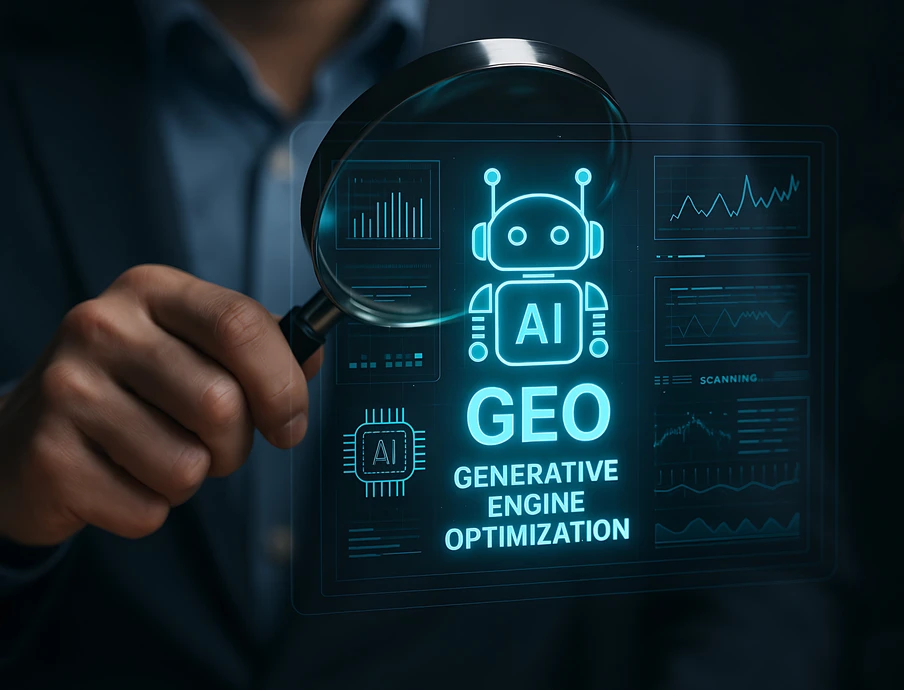 Person in Anzug hält Lupe vor blau leuchtende holografische Anzeige mit AI-Symbol, GEO, Diagrammen.
