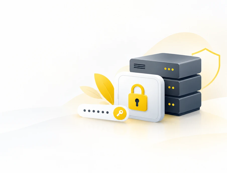 Dunkle Serverracks neben einer weißen Karte mit gelbem Schloss; Passwortfeld mit Punkten und Schlüssel-Symbol.