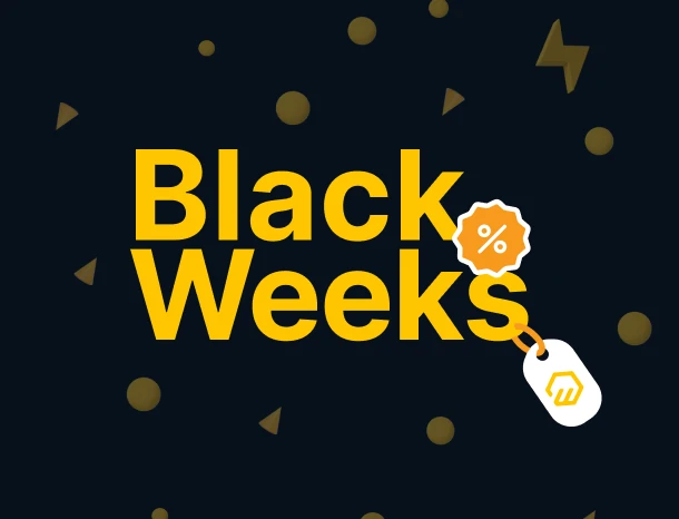 Dunkler Hintergrund, gelber Text 'Black Weeks', goldene Kreise und Dreiecke; weißer Anhänger mit gelbem Symbol.
