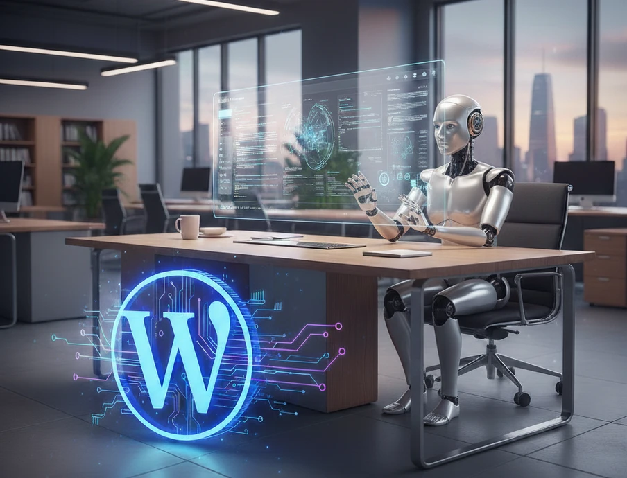 Humanoider Roboter am Schreibtisch in modernem Büro; holografischer Bildschirm; vorne leuchtet ein blaues W-Logo.