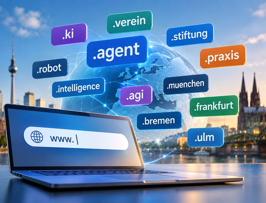 Laptop mit Suchleiste, Globus im Hintergrund, bunte Tags wie .agent, .robot, .intelligence, .praxis.