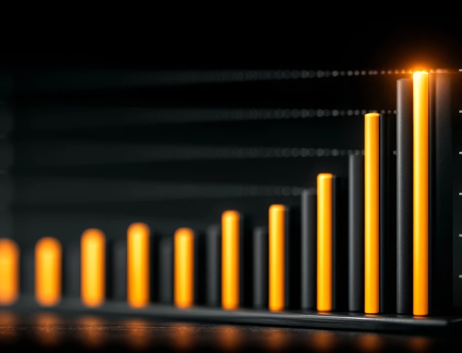 Orangefarbene Balken eines steigenden Balkendiagramms vor dunklem Hintergrund.