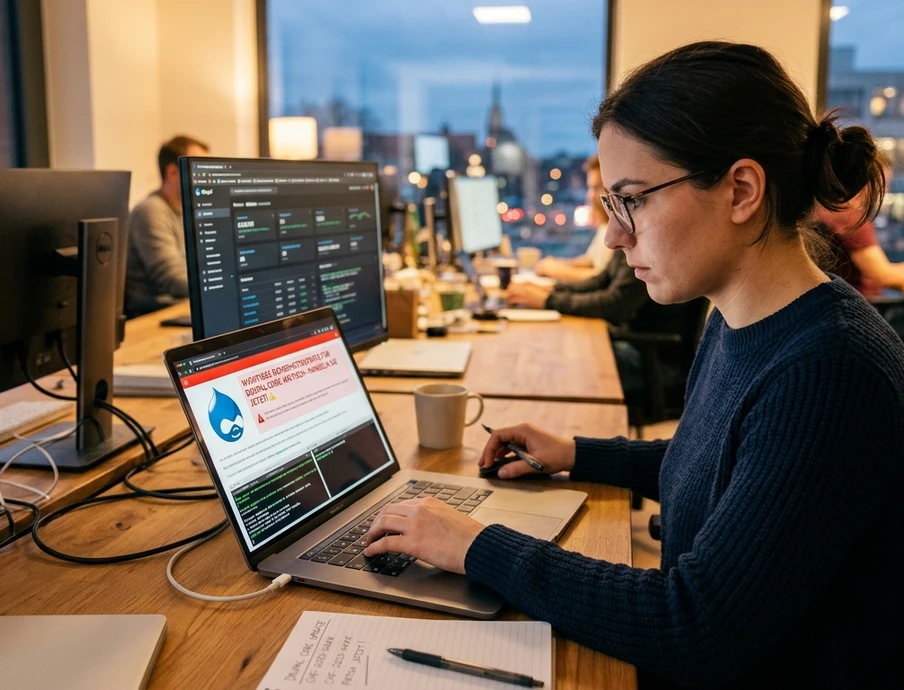 Eine Person mit Brille sitzt an einem Schreibtisch mit Laptop und externem Monitor, Büro im Hintergrund.