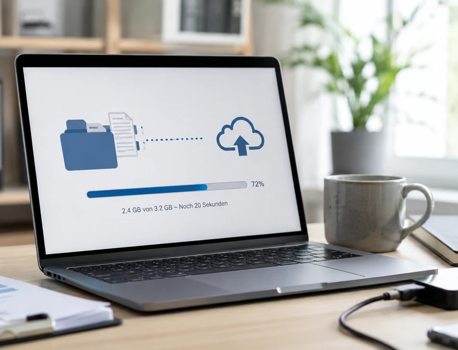 Laptop auf Holztisch zeigt Diagramm eines Dateitransfers zur Cloud; rechts Kaffeetasse, Notizblock, Stift, USB-Hub.