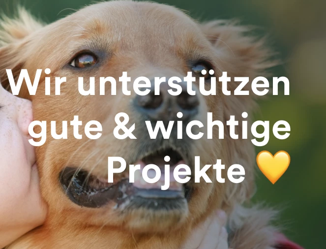 Ein Kind küsst einen goldfarbenen Hund; weiße Textüberlagerung mit dem Satz Wir unterstützen gute & wichtige Projekte 💛