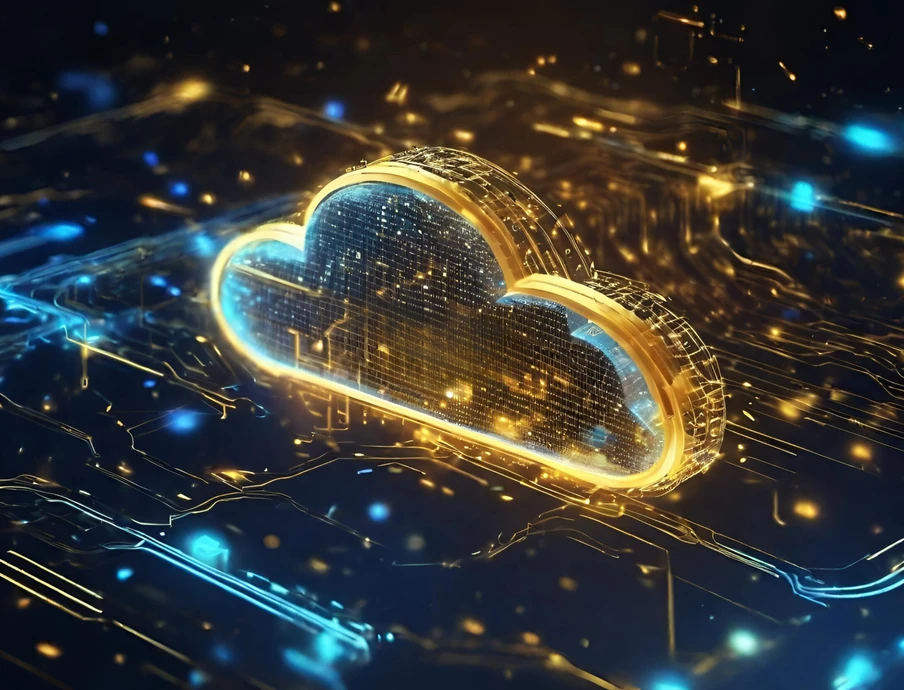 Leuchtende goldene Wolkensilhouette vor dunklem Hintergrund, umgeben von blauen Lichtlinien und Funkelpartikeln.