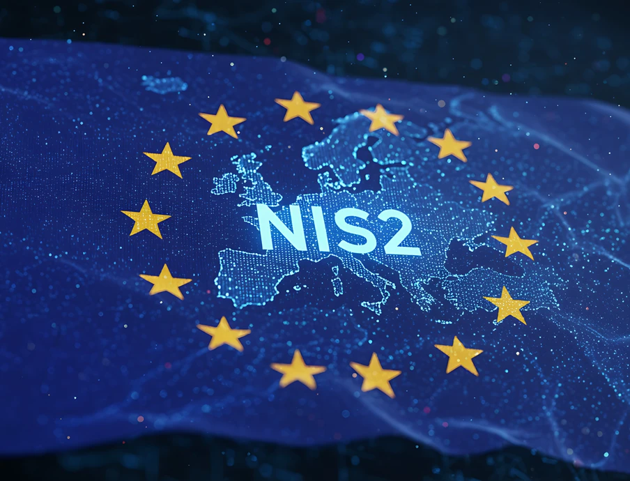 Blaue Flagge mit gelbem Sternkreis der EU, mittig NIS2 über stilisierter Europakarte mit Netzdarstellung.