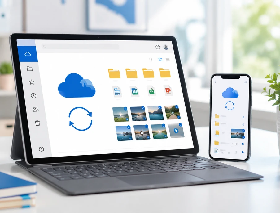 Tablet zeigt Cloud-Icon, Ordner und Fotos; Smartphone zeigt ähnliche Anzeige; Schreibtisch mit Pflanze, Becher.