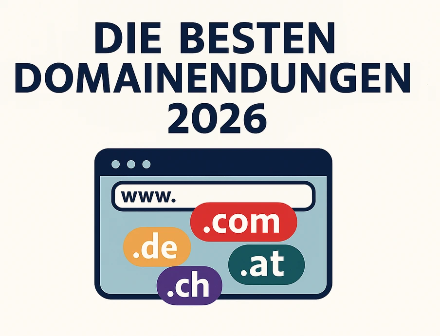 Überschrift 'DIE BESTEN DOMAINENDUNGEN 2026' über einem Computermonitor mit bunten Domain-Endungen (.de, .com, .at, .ch).