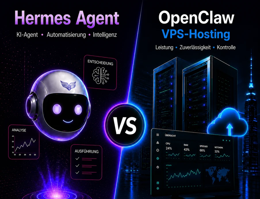 Split-Bild: links ein violetter Roboterkopf mit Hermes Agent, rechts Serverracks und Dashboard unter OpenClaw VPS-Hosting.