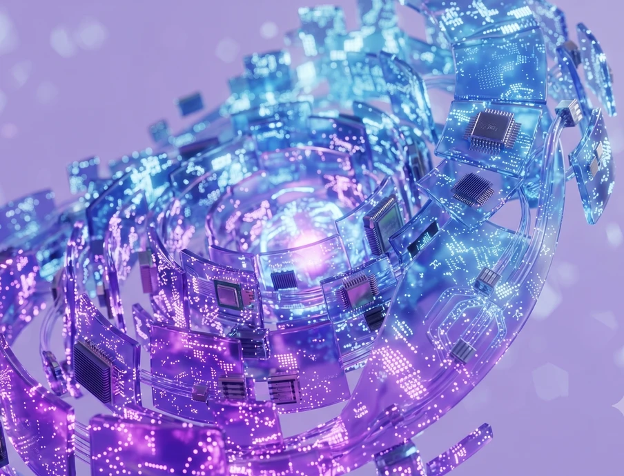 Eine spiralförmige Konstruktion aus transparenten, bläulich-violetten Platten mit leuchtenden Pixeln vor lila Hintergrund.