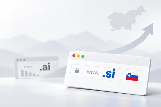 Zwei weiße Browserfenster auf weißem Tisch; Vordergrund: www.si mit Slowenien-Flagge, Pfeil nach oben rechts.