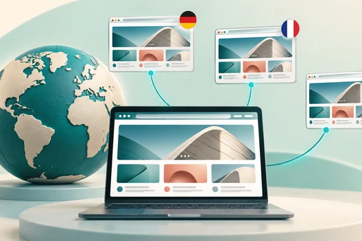 Globus links, Laptop im Vordergrund; drei vernetzte Browserfenster mit Flaggen (Deutschland, Frankreich, Japan).