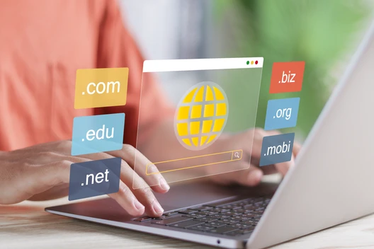 Person tippt auf Laptop; schwebende bunte Domain-Labels (.com,.net,.org,.edu,.biz,.mobi) und Globus-Symbol.