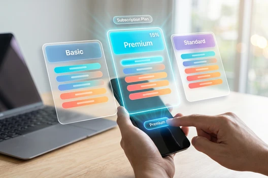 Drei holografische Karten mit Basic, Premium und Standard über einem Smartphone; bunte Balken; Laptop links.