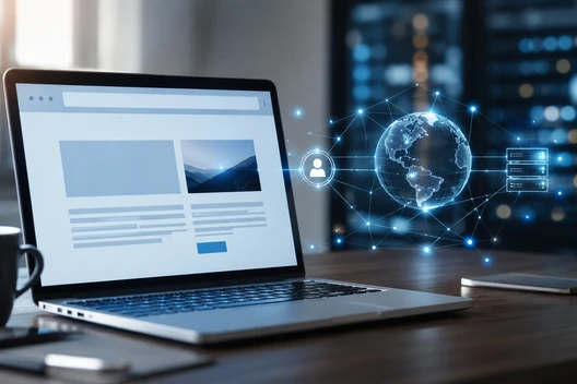 Offenes Laptop-Setup auf Holztisch, Tasse und Smartphone daneben; holographischer Globus und Netzwerk-Icons im Hintergrund.