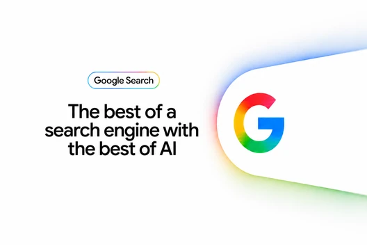 Weißer Hintergrund; links Text 'The best of a search engine with the best of AI' und kleines Google Search-Logo; rechts ein großes, farbiges G-Symbol mit Verlauf.