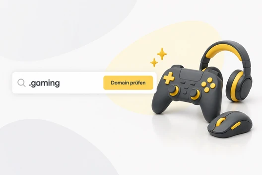 Suchleiste mit '.gaming' links, daneben Gamecontroller mit gelben Tasten und Kopfhörer; heller abstrakter Hintergrund.