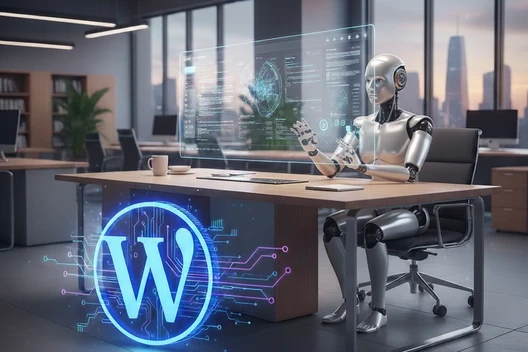 Roboter sitzt an Schreibtisch im Büro, vor holografischen Monitor-Feldern; leuchtendes W-Logo am Tisch.