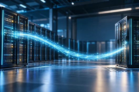 Reihen von Server-Racks in einem Rechenzentrum; eine blaue Lichtspur spannt sich zwischen ihnen über den glatten Boden.