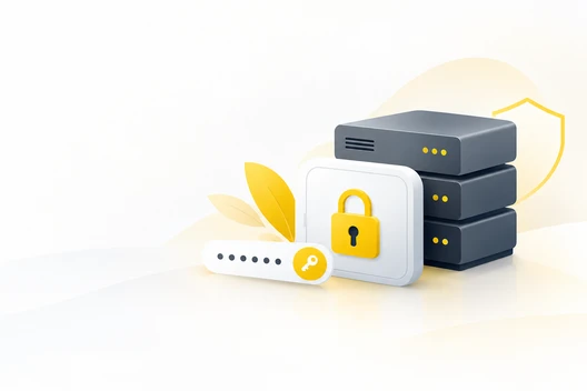 Dunkle Serverracks neben einer weißen Karte mit gelbem Schloss; Passwortfeld mit Punkten und Schlüssel-Symbol.