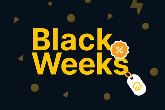 Dunkler Hintergrund, gelber Text 'Black Weeks', goldene Kreise und Dreiecke; weißer Anhänger mit gelbem Symbol.