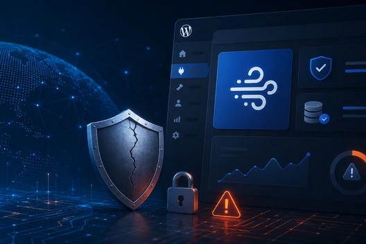 Blaues Sicherheitsbild: gecracktes Schild-Symbol, Vorhängeschloss, Warnsymbol und Diagramm-Icons auf einer Dashboard-Oberfläche.