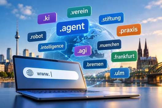 Laptop mit Suchleiste, Globus im Hintergrund, bunte Tags wie .agent, .robot, .intelligence, .praxis.