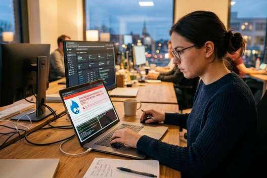 Eine Person mit Brille sitzt an einem Schreibtisch mit Laptop und externem Monitor, Büro im Hintergrund.