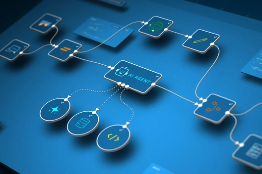 Blaues Diagramm mit zentraler Box AGENT, verbunden mit Kästen und Kreisen durch weiße Linien.